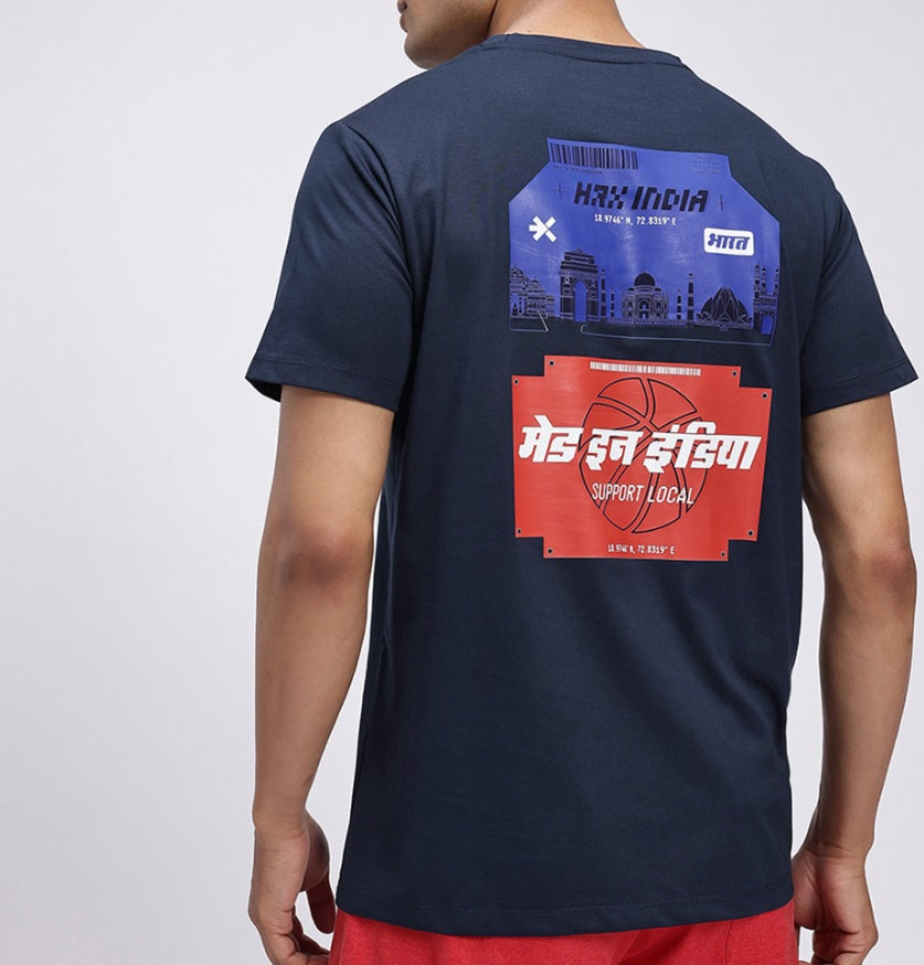 HRX by Hrithik Roshan Men's Blue & Red Graphic Printed Cotton T-Shirt – Made In India Back-Print Casual Tee