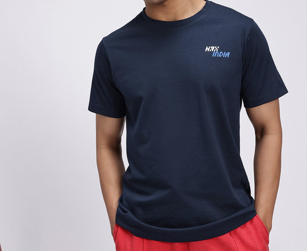 HRX by Hrithik Roshan Men's Blue & Red Graphic Printed Cotton T-Shirt – Made In India Back-Print Casual Tee