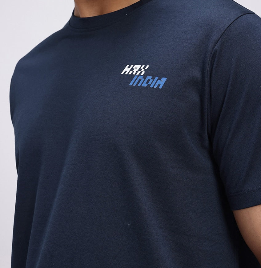 HRX by Hrithik Roshan Men's Blue & Red Graphic Printed Cotton T-Shirt – Made In India Back-Print Casual Tee