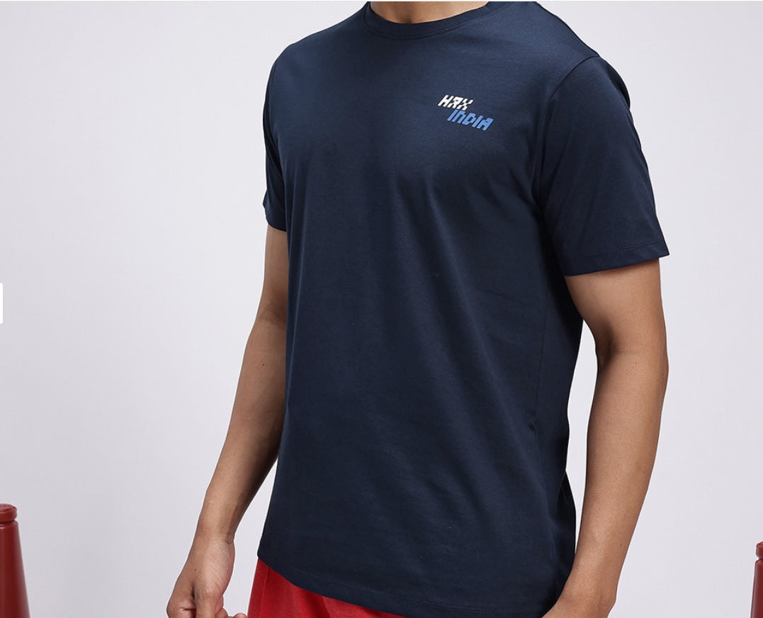 HRX by Hrithik Roshan Men's Blue & Red Graphic Printed Cotton T-Shirt – Made In India Back-Print Casual Tee