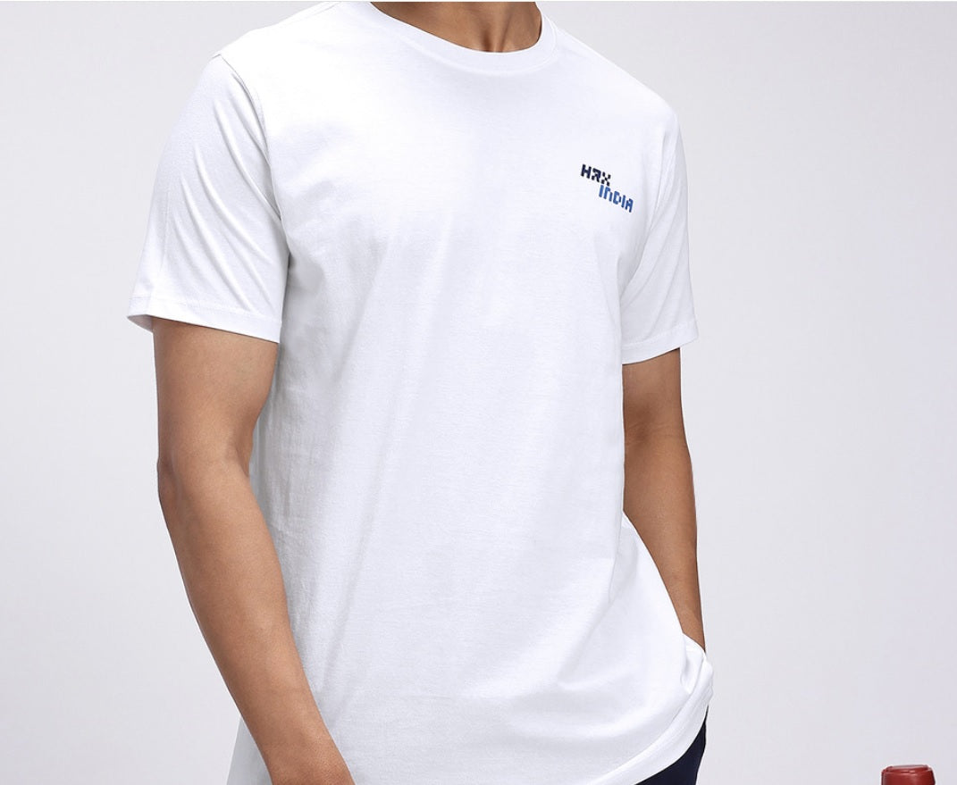 HRX by Hrithik Roshan Men's White & Blue Graphic Printed Cotton T-Shirt – Made In India Back-Print Casual Tee