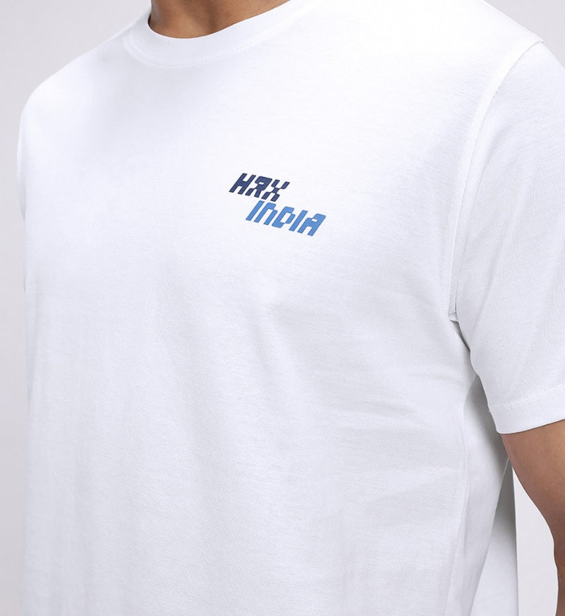 HRX by Hrithik Roshan Men's White & Blue Graphic Printed Cotton T-Shirt – Made In India Back-Print Casual Tee