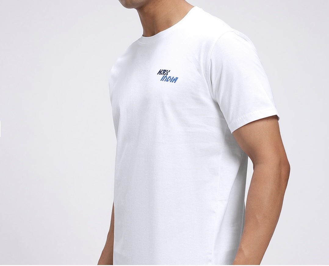 HRX by Hrithik Roshan Men's White & Blue Graphic Printed Cotton T-Shirt – Made In India Back-Print Casual Tee