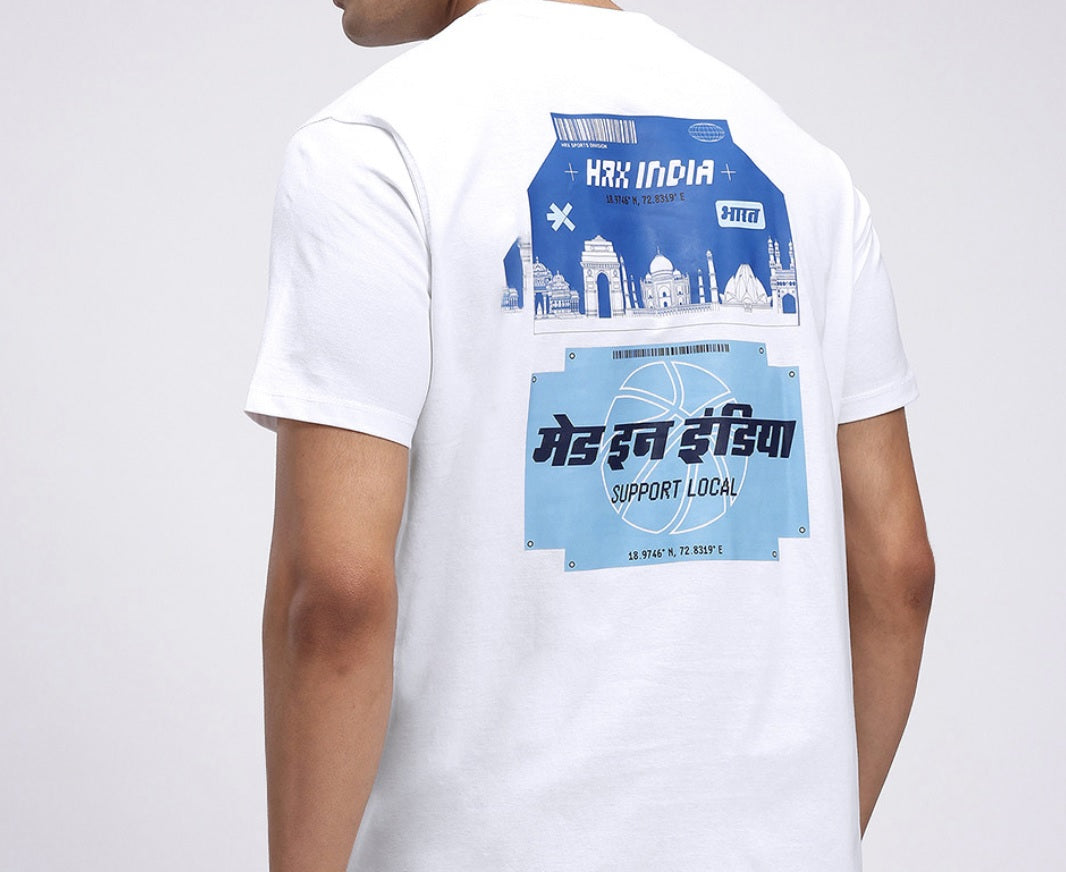 HRX by Hrithik Roshan Men's White & Blue Graphic Printed Cotton T-Shirt – Made In India Back-Print Casual Tee