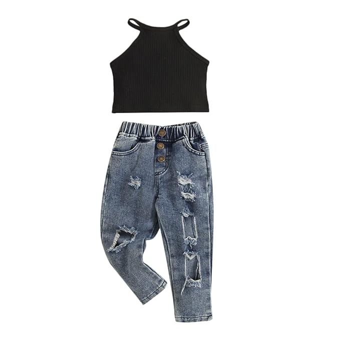 Hopscotch Girls Black Ribbed Halter Crop Top and Ripped Denim Jeans Set (2-Piece)
