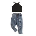 Hopscotch Girls Black Ribbed Halter Crop Top and Ripped Denim Jeans Set (2-Piece)