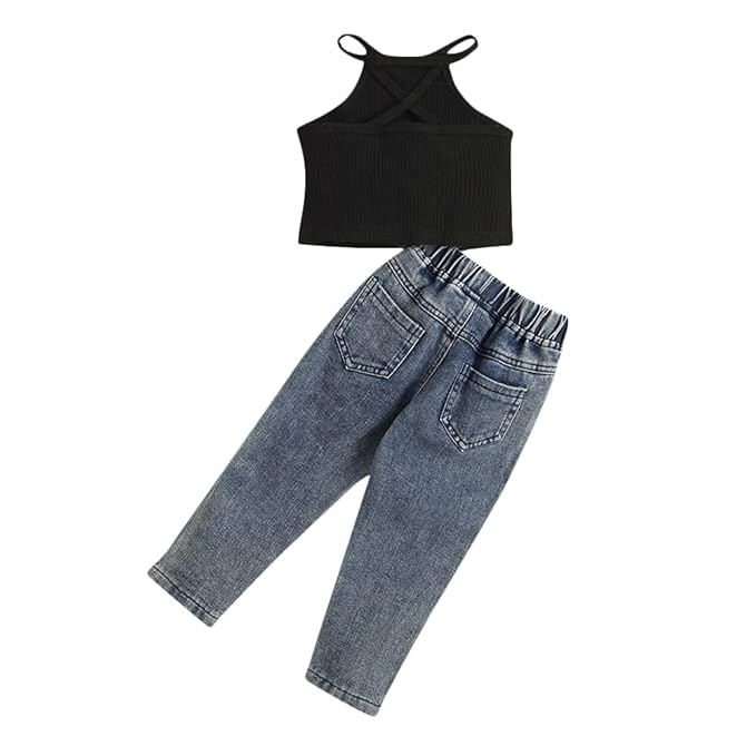 Hopscotch Girls Black Ribbed Halter Crop Top and Ripped Denim Jeans Set (2-Piece)