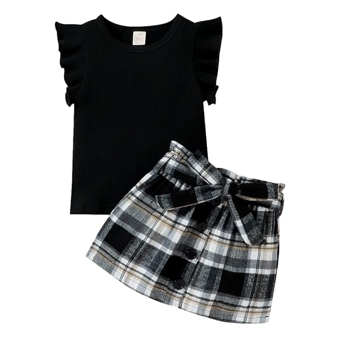 Hopscotch Girls Solid Half-Sleeve Blouse and Checkered Flared Skirt Set with Waistband (3-Piece)