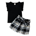 Hopscotch Girls Solid Half-Sleeve Blouse and Checkered Flared Skirt Set with Waistband (3-Piece)