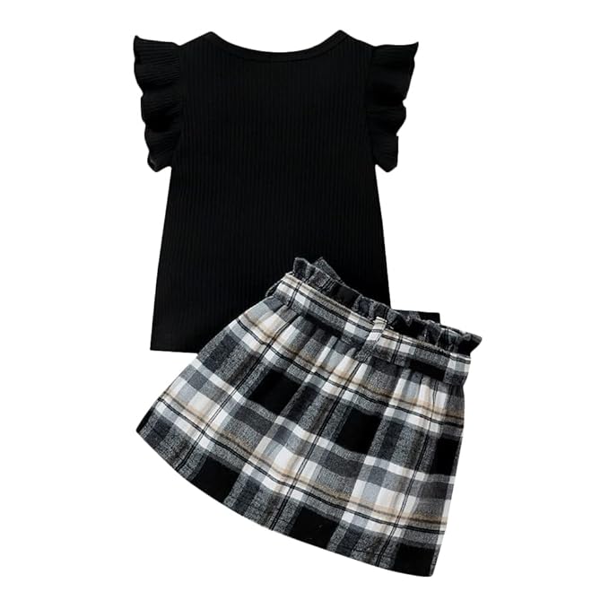 Hopscotch Girls Solid Half-Sleeve Blouse and Checkered Flared Skirt Set with Waistband (3-Piece)