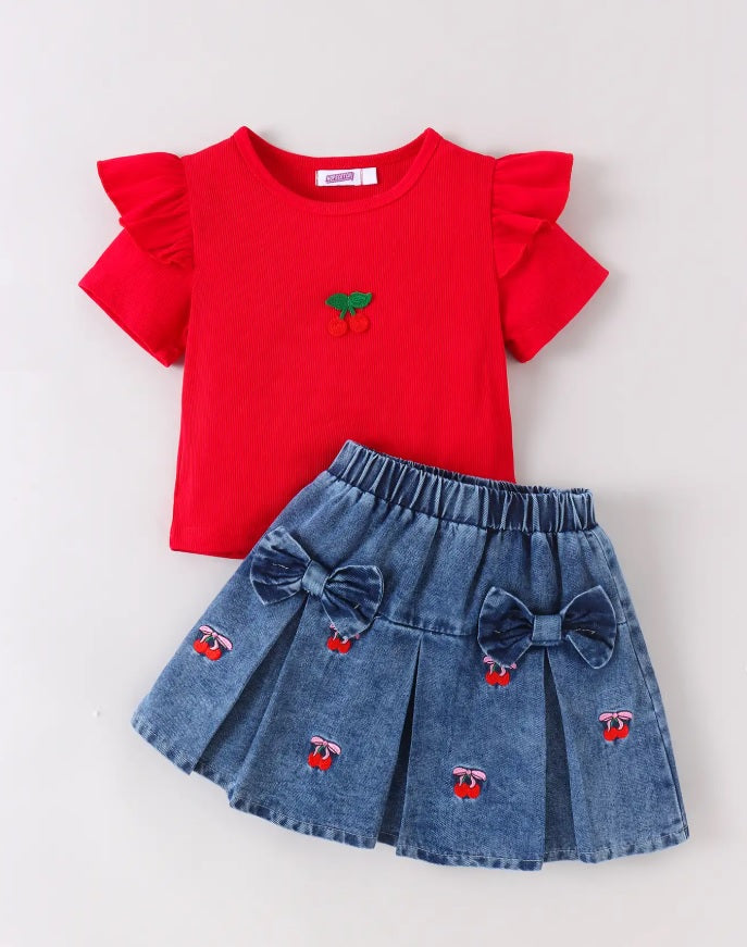 Hopscotch Girls' Cherry Red Ribbed Tee & Pleated Denim Skirt Set – 2-Piece Ruffle Sleeve & Bow Accent Outfit