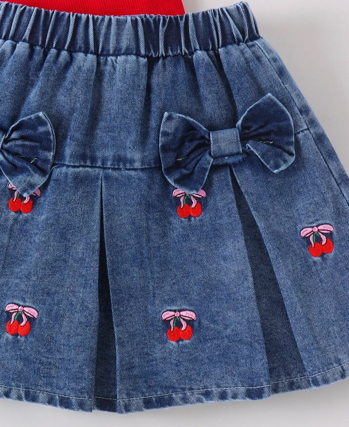 Hopscotch Girls' Cherry Red Ribbed Tee & Pleated Denim Skirt Set – 2-Piece Ruffle Sleeve & Bow Accent Outfit