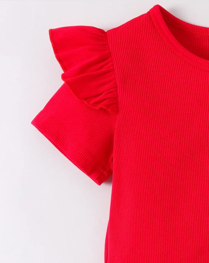Hopscotch Girls' Cherry Red Ribbed Tee & Pleated Denim Skirt Set – 2-Piece Ruffle Sleeve & Bow Accent Outfit
