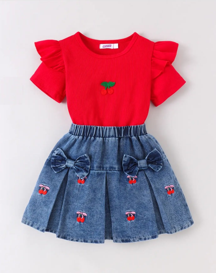 Hopscotch Girls' Cherry Red Ribbed Tee & Pleated Denim Skirt Set – 2-Piece Ruffle Sleeve & Bow Accent Outfit
