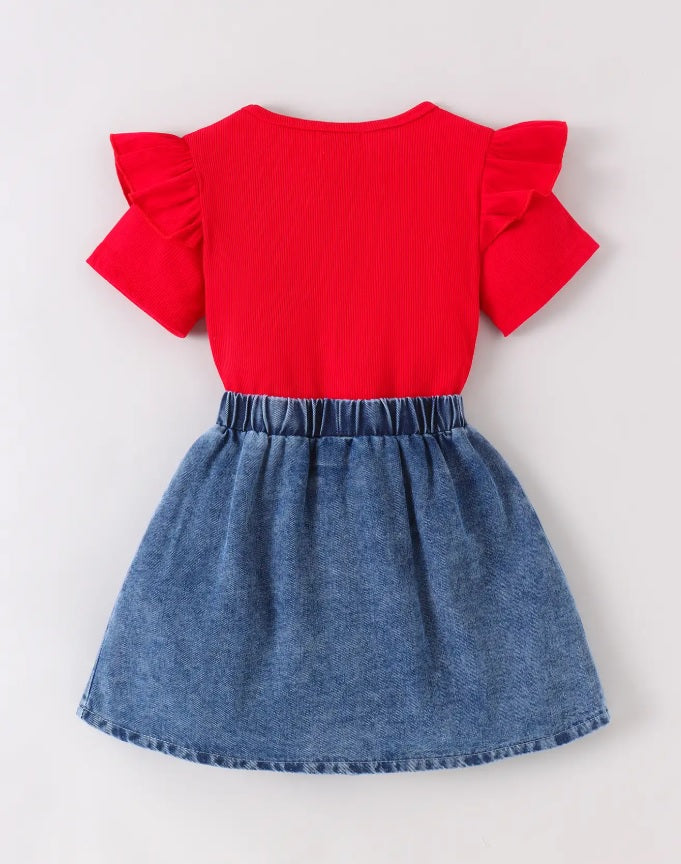 Hopscotch Girls' Cherry Red Ribbed Tee & Pleated Denim Skirt Set – 2-Piece Ruffle Sleeve & Bow Accent Outfit