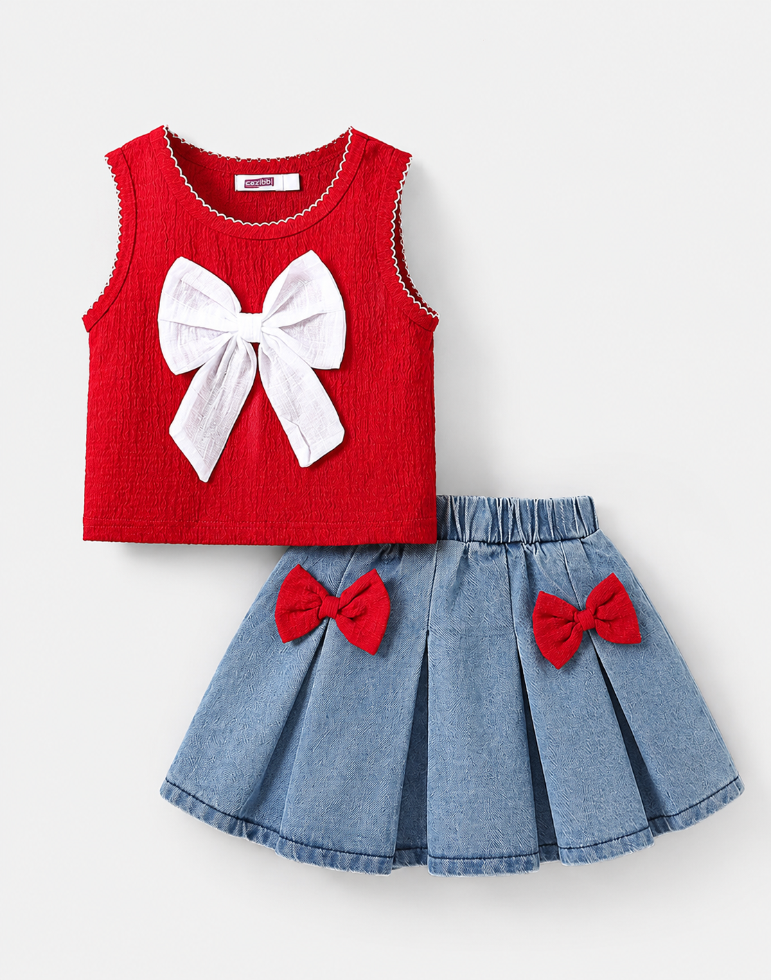 Hopscotch Girls' Crimson Red Textured Tank Top & Pleated Denim Skirt Set – 2-Piece Statement Bow Co-ord Outfit