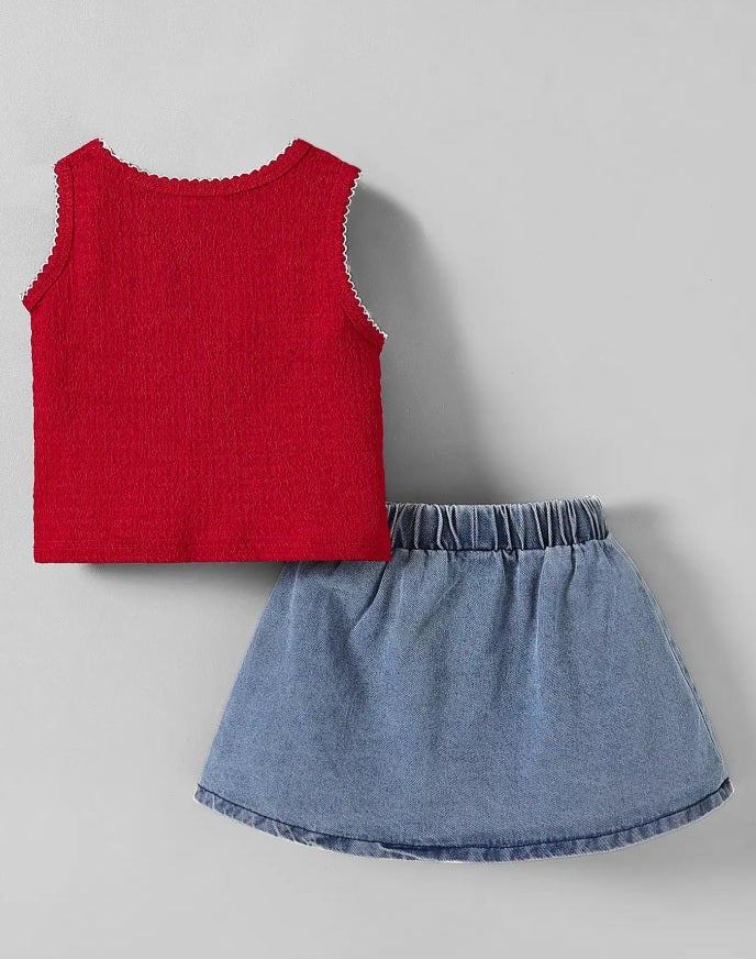 Hopscotch Girls' Crimson Red Textured Tank Top & Pleated Denim Skirt Set – 2-Piece Statement Bow Co-ord Outfit