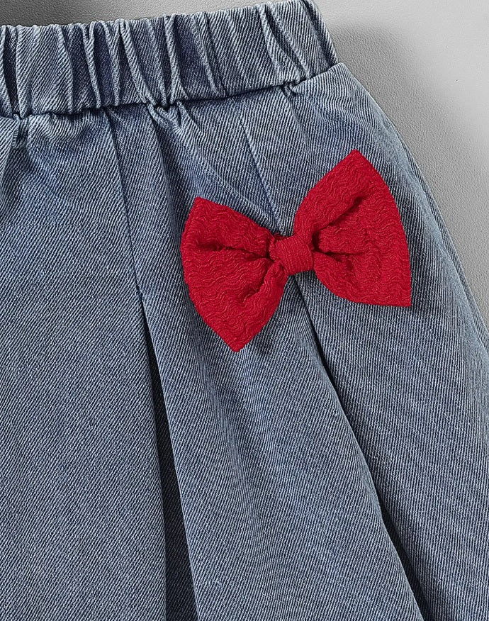 Hopscotch Girls' Crimson Red Textured Tank Top & Pleated Denim Skirt Set – 2-Piece Statement Bow Co-ord Outfit