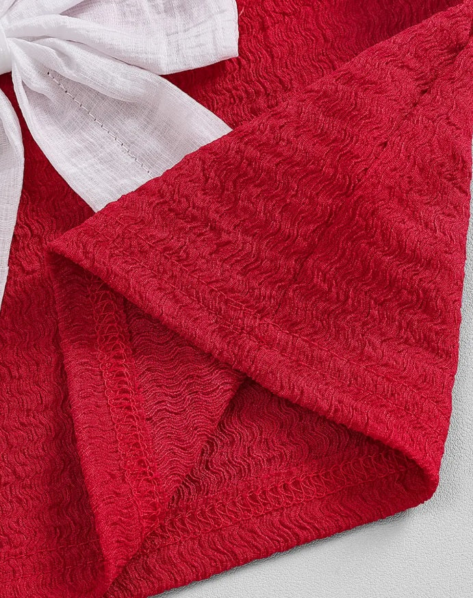 Hopscotch Girls' Crimson Red Textured Tank Top & Pleated Denim Skirt Set – 2-Piece Statement Bow Co-ord Outfit