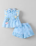 Hopscotch Girls' Ice Blue Organza Jacquard Collared Top & Ruffled Shorts Set – 3D Floral Garden Party Co-ord Outfit