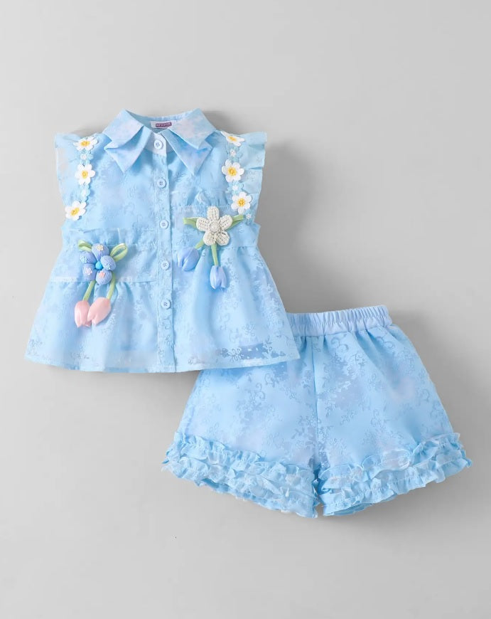 Hopscotch Girls' Ice Blue Organza Jacquard Collared Top & Ruffled Shorts Set – 3D Floral Garden Party Co-ord Outfit