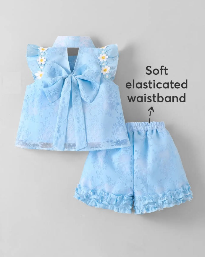 Hopscotch Girls' Ice Blue Organza Jacquard Collared Top & Ruffled Shorts Set – 3D Floral Garden Party Co-ord Outfit
