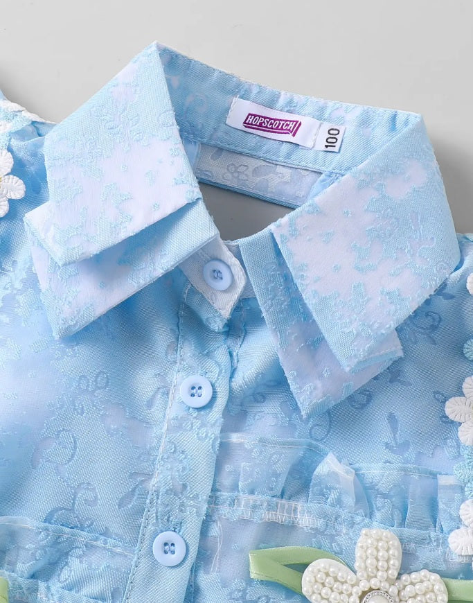 Hopscotch Girls' Ice Blue Organza Jacquard Collared Top & Ruffled Shorts Set – 3D Floral Garden Party Co-ord Outfit