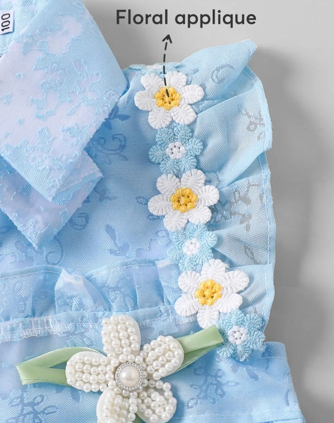 Hopscotch Girls' Ice Blue Organza Jacquard Collared Top & Ruffled Shorts Set – 3D Floral Garden Party Co-ord Outfit