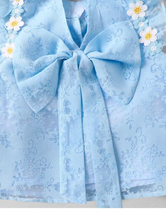 Hopscotch Girls' Ice Blue Organza Jacquard Collared Top & Ruffled Shorts Set – 3D Floral Garden Party Co-ord Outfit