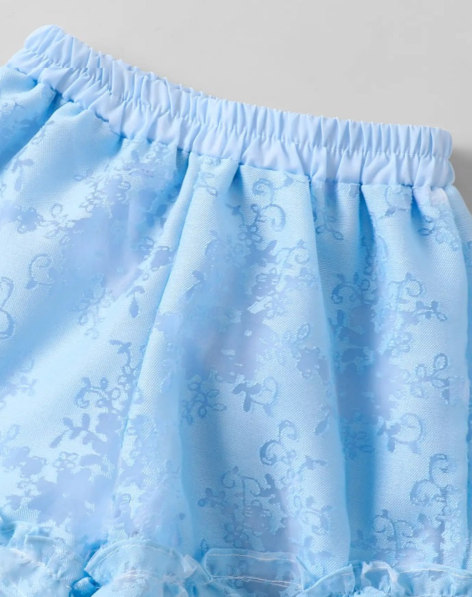 Hopscotch Girls' Ice Blue Organza Jacquard Collared Top & Ruffled Shorts Set – 3D Floral Garden Party Co-ord Outfit