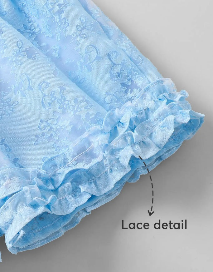 Hopscotch Girls' Ice Blue Organza Jacquard Collared Top & Ruffled Shorts Set – 3D Floral Garden Party Co-ord Outfit