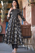 House OF Pataudi - Midnight Bloom Anarkali Suit Set – Mandarin Collar Mirror Work Yoke & Cotton Trousers