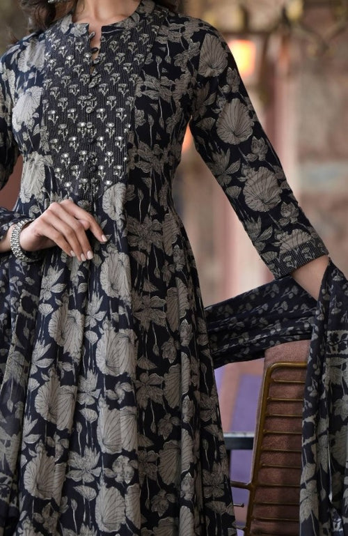 House OF Pataudi - Midnight Bloom Anarkali Suit Set – Mandarin Collar Mirror Work Yoke & Cotton Trousers