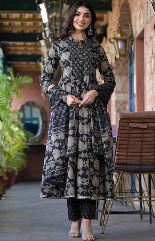 House OF Pataudi - Midnight Bloom Anarkali Suit Set – Mandarin Collar Mirror Work Yoke & Cotton Trousers