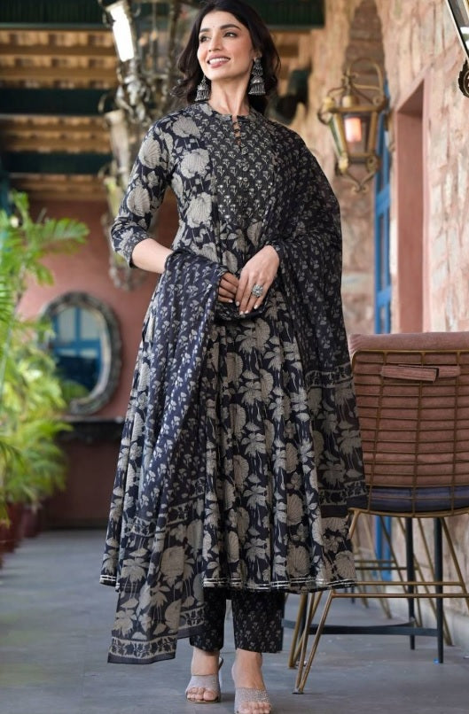 House OF Pataudi - Midnight Bloom Anarkali Suit Set – Mandarin Collar Mirror Work Yoke & Cotton Trousers