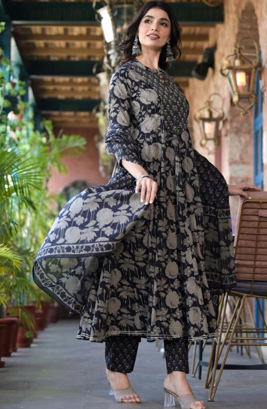 House OF Pataudi - Midnight Bloom Anarkali Suit Set – Mandarin Collar Mirror Work Yoke & Cotton Trousers