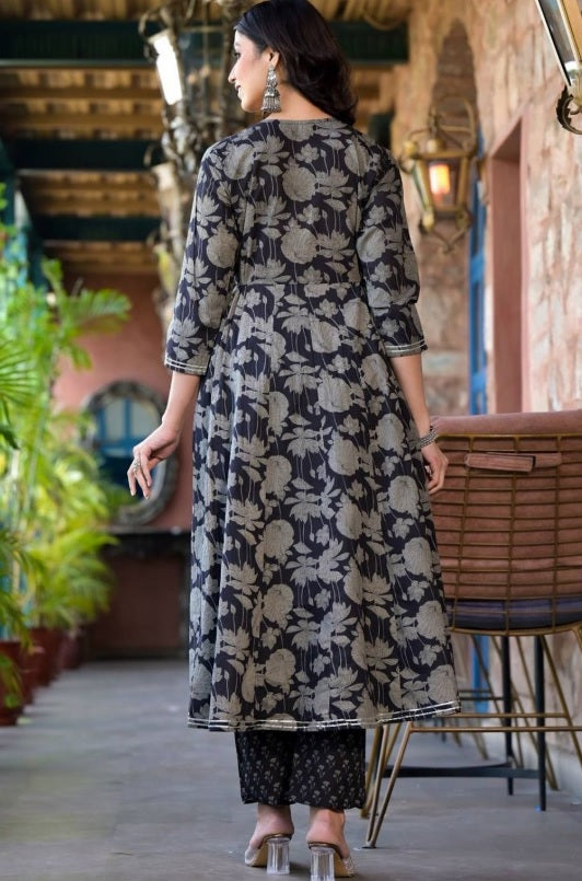 House OF Pataudi - Midnight Bloom Anarkali Suit Set – Mandarin Collar Mirror Work Yoke & Cotton Trousers