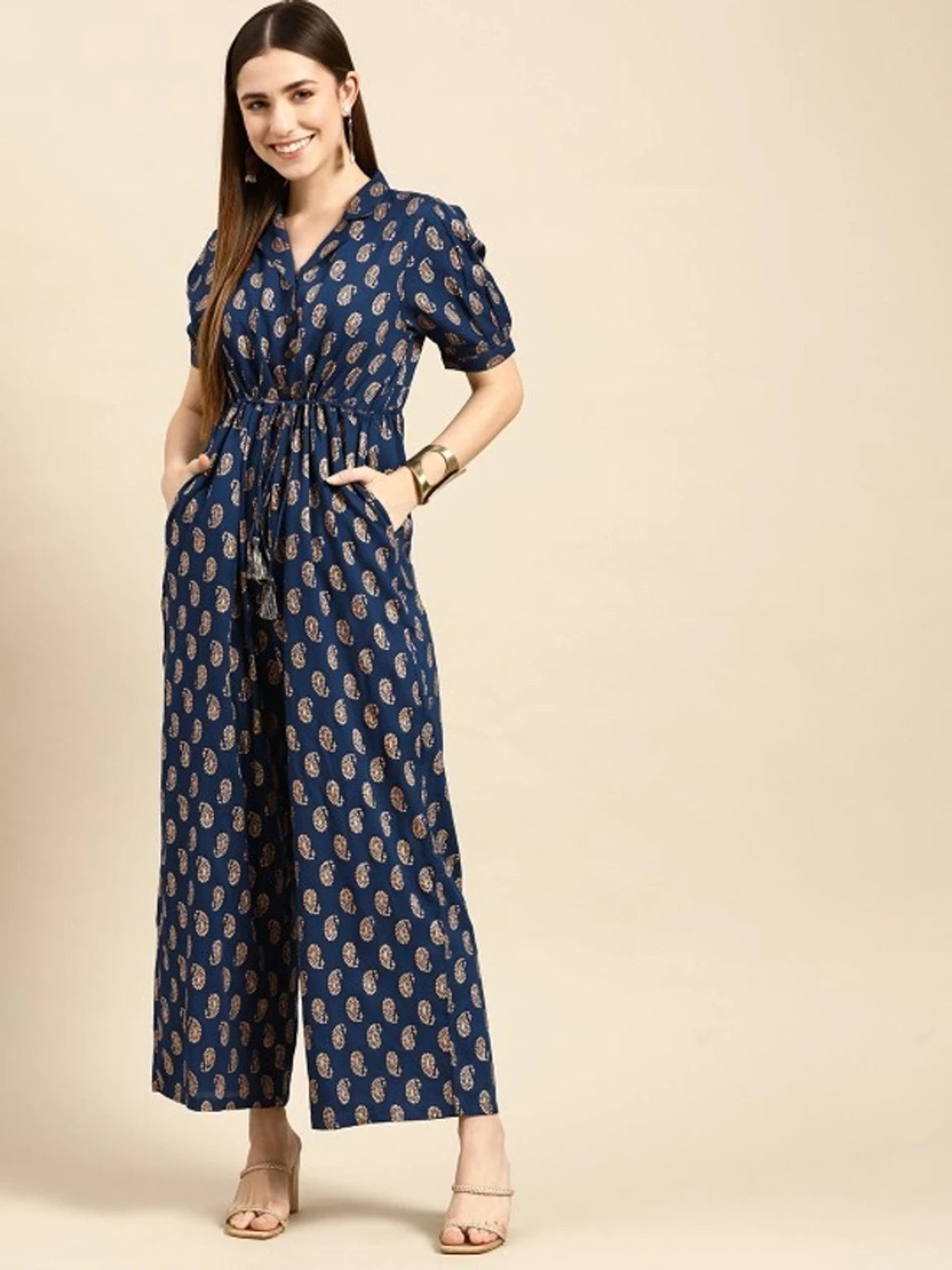 Indigo Fields Jumpsuit – Paisley Printed Wide-Leg Rayon Jumpsuit with Pockets