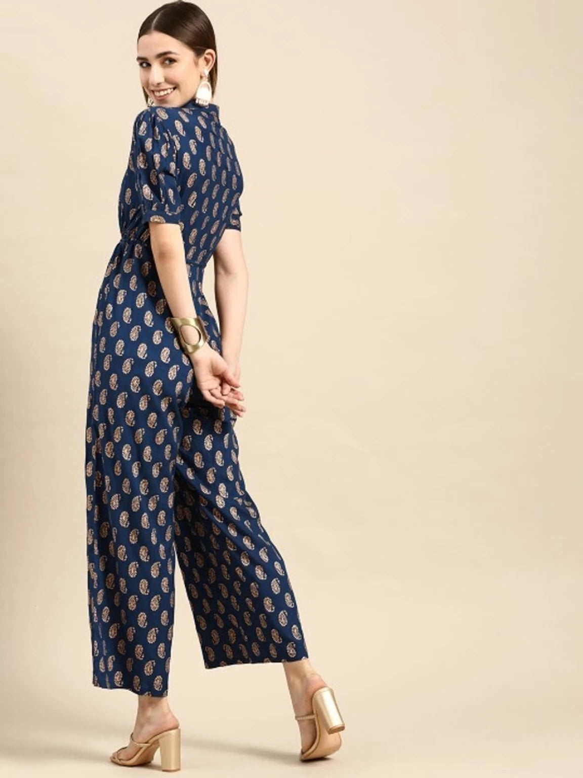 Indigo Fields Jumpsuit – Paisley Printed Wide-Leg Rayon Jumpsuit with Pockets