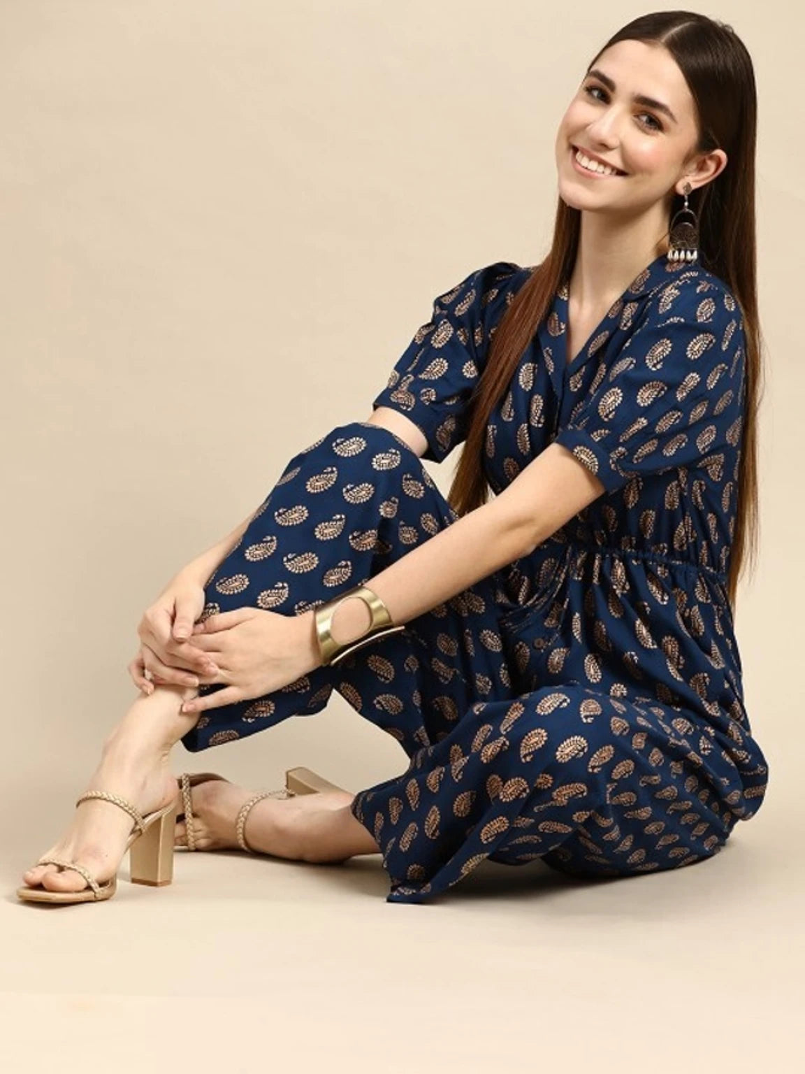 Indigo Fields Jumpsuit – Paisley Printed Wide-Leg Rayon Jumpsuit with Pockets