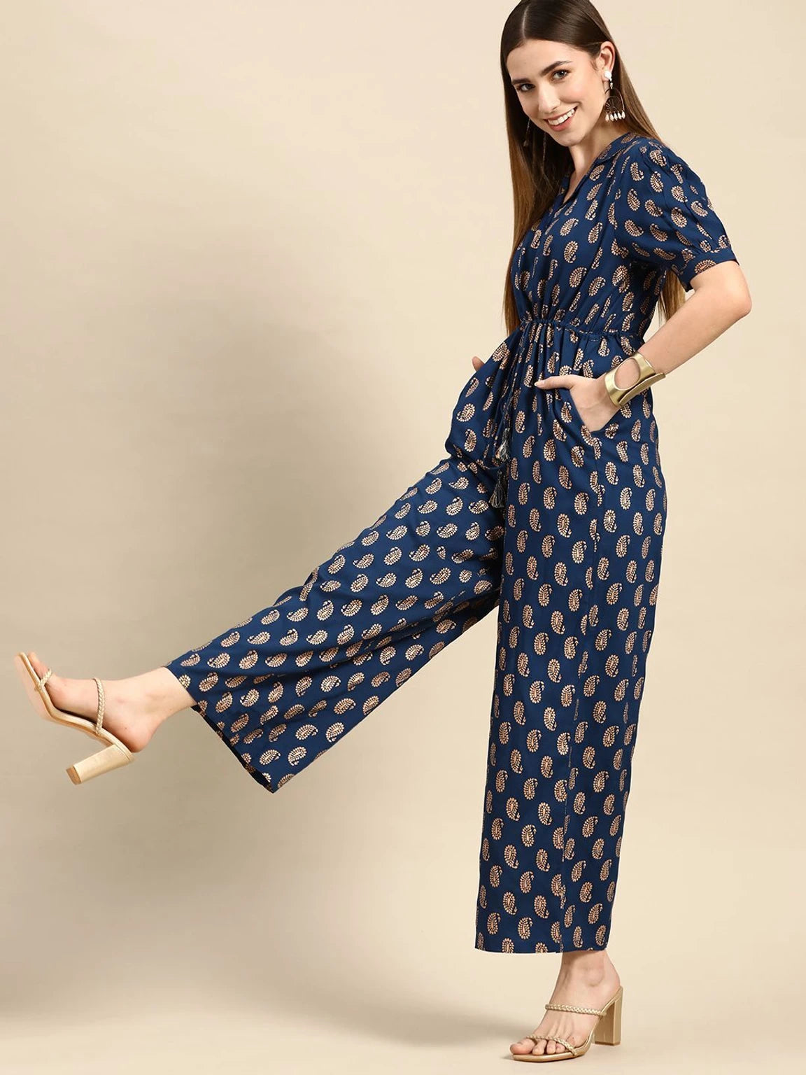 Indigo Fields Jumpsuit – Paisley Printed Wide-Leg Rayon Jumpsuit with Pockets