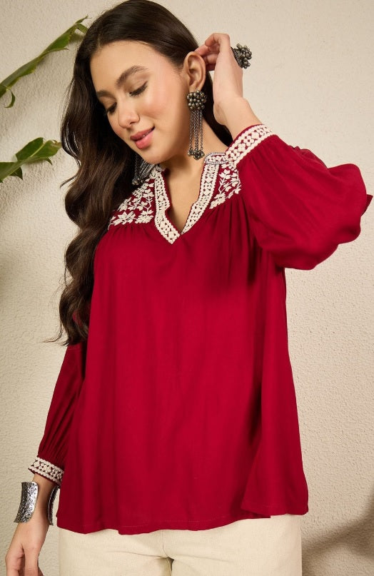 Anouk Maroon Embroidered V-Neck Fusion Kurti with Long Bishop-Style Sleeves