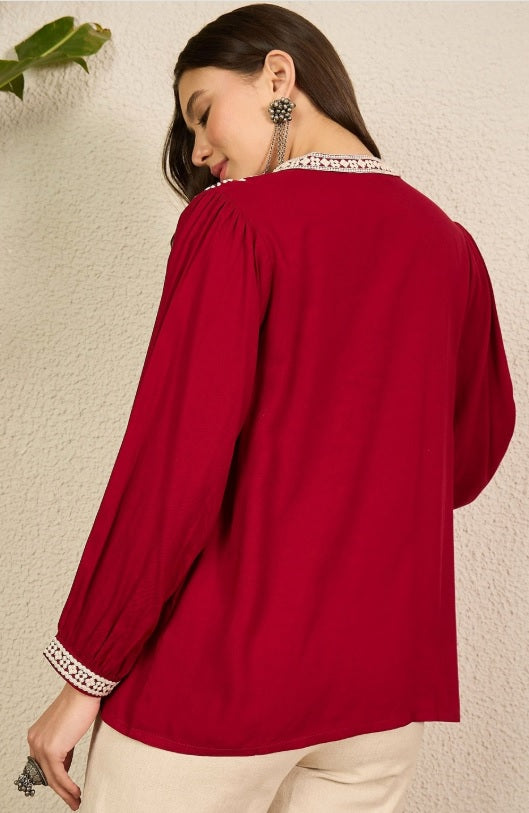 Anouk Maroon Embroidered V-Neck Fusion Kurti with Long Bishop-Style Sleeves