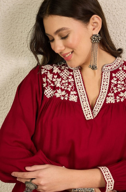 Anouk Maroon Embroidered V-Neck Fusion Kurti with Long Bishop-Style Sleeves