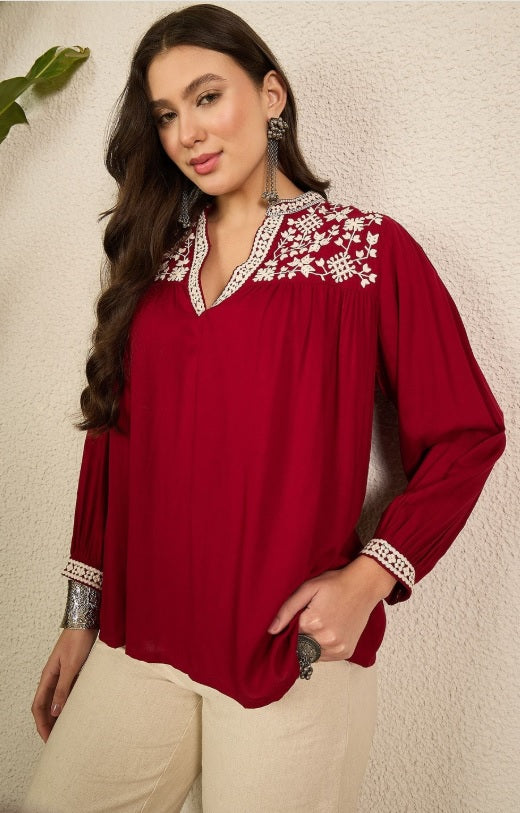 Anouk Maroon Embroidered V-Neck Fusion Kurti with Long Bishop-Style Sleeves