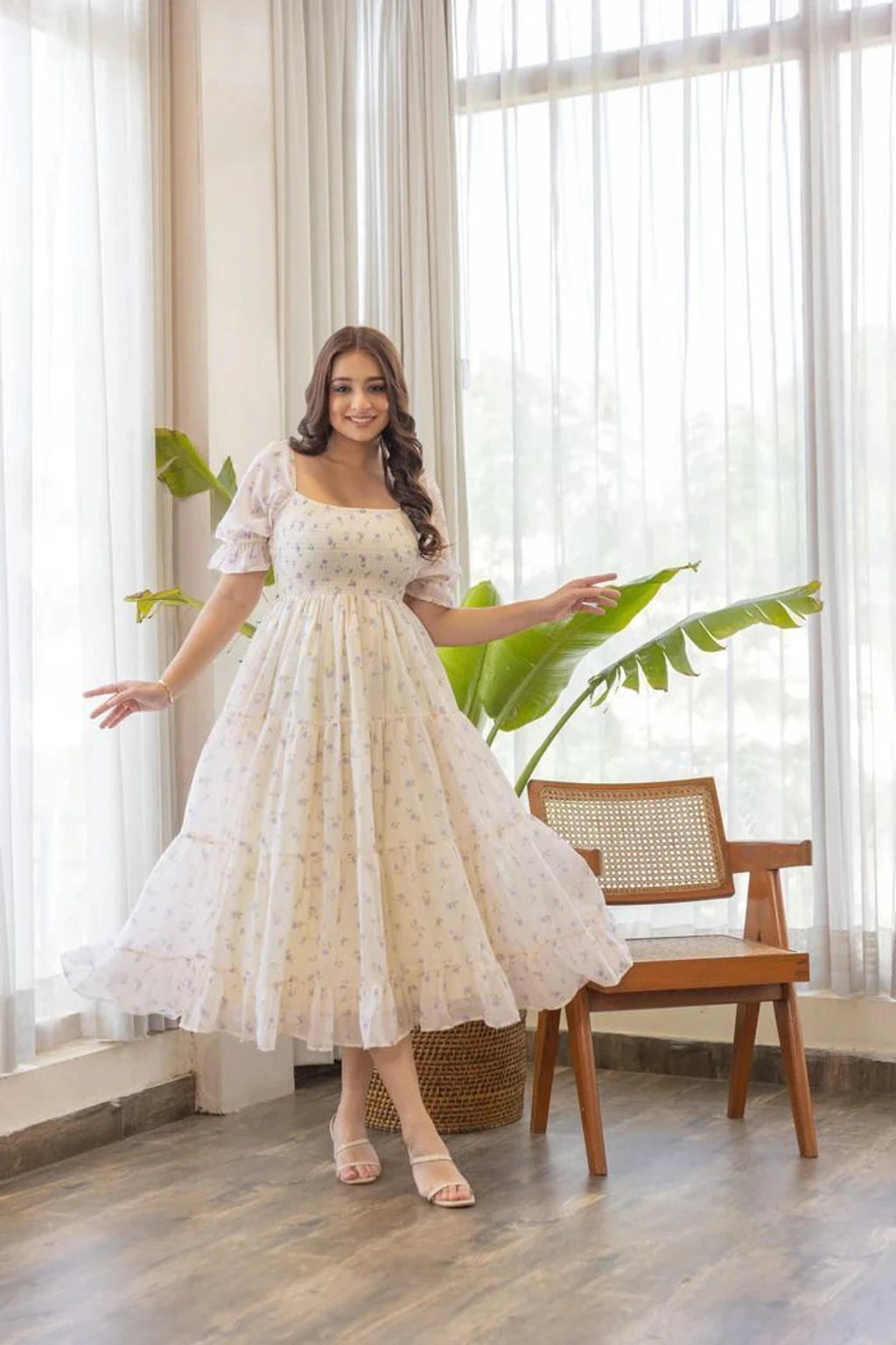 Ironic Creation White Cottagecore Dress – Smocked Square Neck Puff Sleeve Maxi