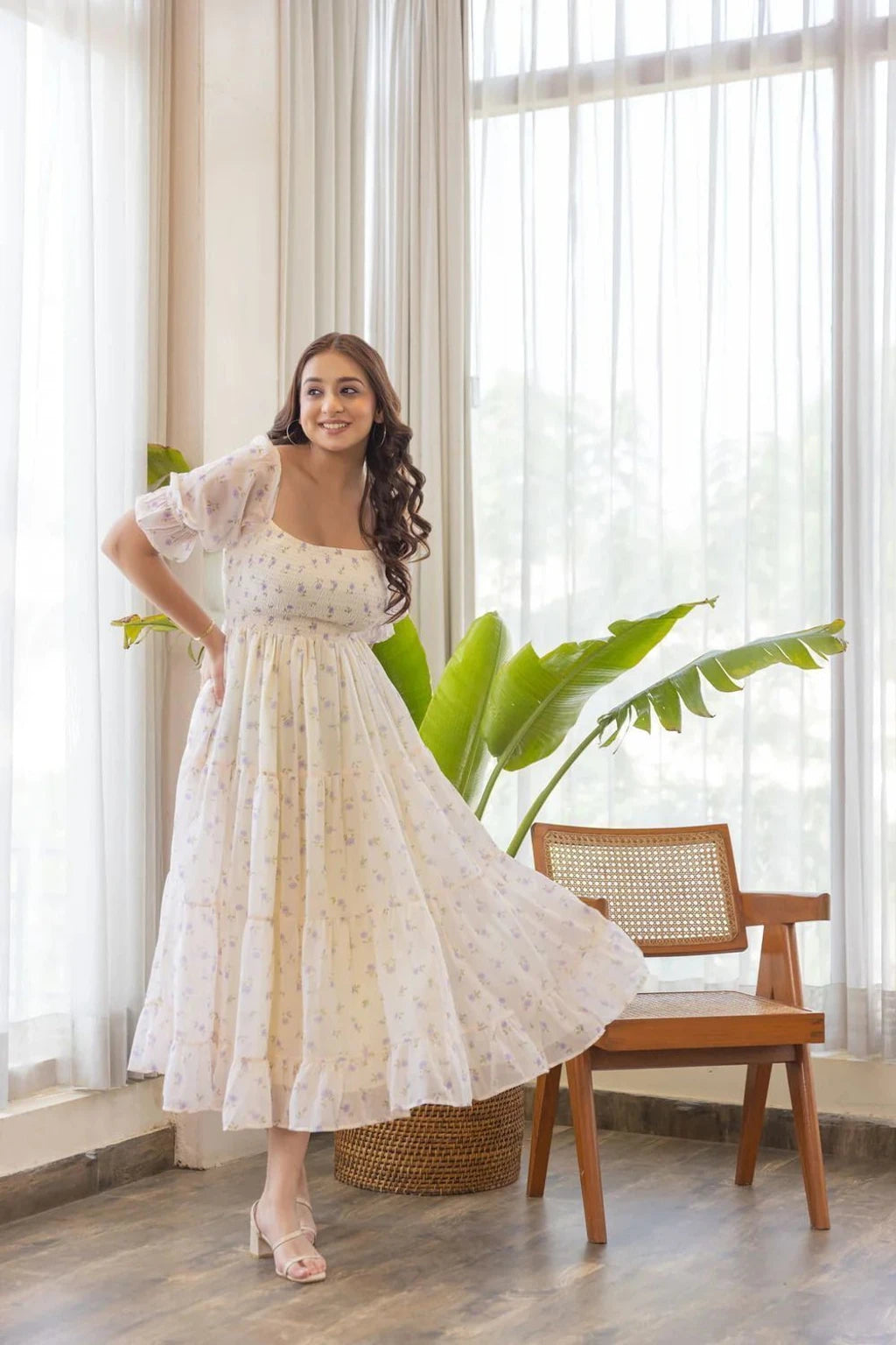 Ironic Creation White Cottagecore Dress – Smocked Square Neck Puff Sleeve Maxi
