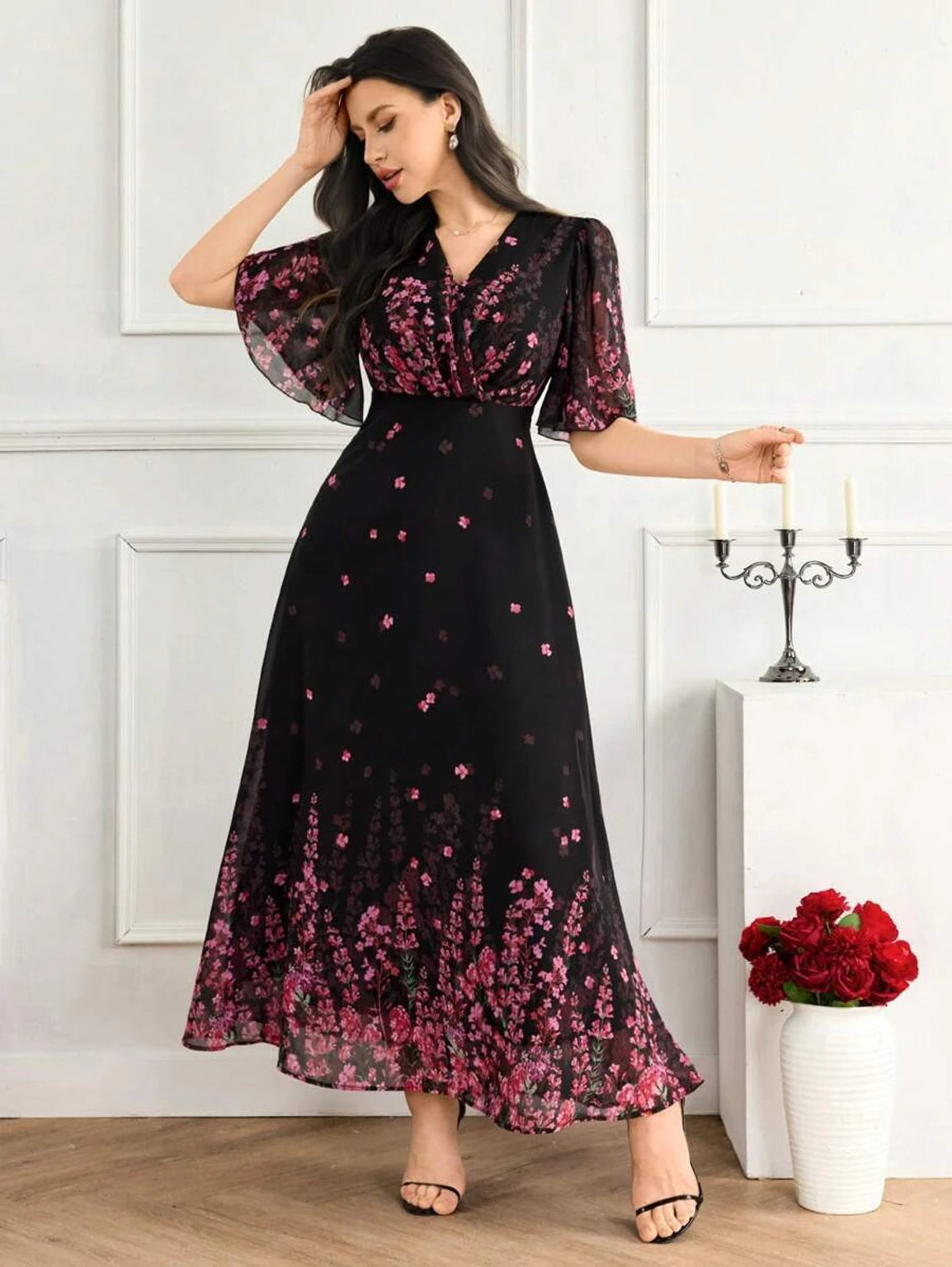 JUGNOO Women Black Floral Printed Georgette Fit and Flare Maxi Dress with Butterfly Sleeves
