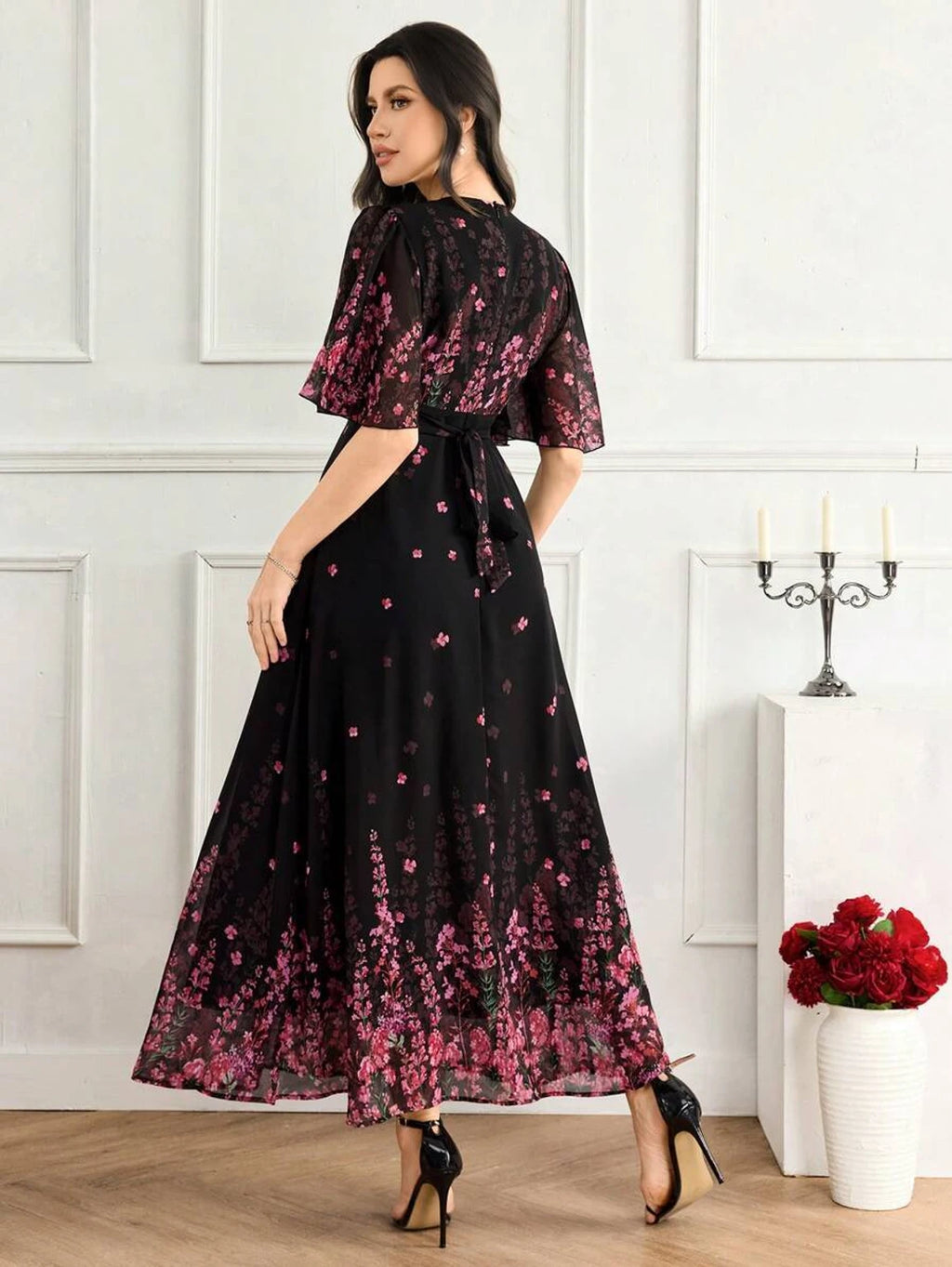 JUGNOO Women Black Floral Printed Georgette Fit and Flare Maxi Dress with Butterfly Sleeves