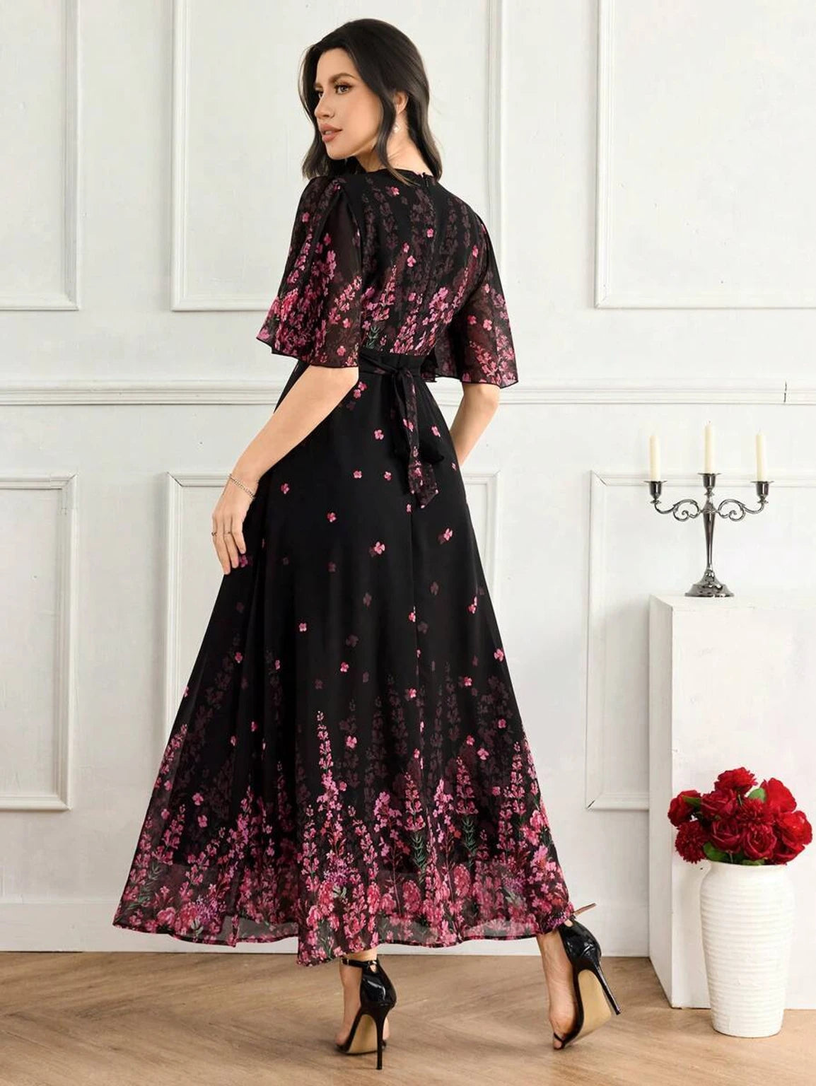 JUGNOO Women Black Floral Printed Georgette Fit and Flare Maxi Dress with Butterfly Sleeves